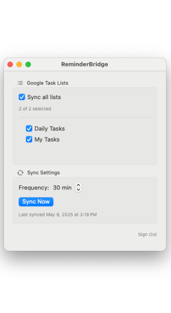 ReminderBridge macOS app syncing Google Tasks with Apple Reminders, featuring sync settings, system notifications, and task widget interface.