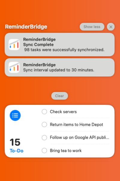 ReminderBridge preferences pane displaying app sync intervals and Google account management on macOS.
