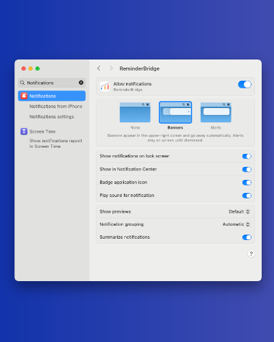 ReminderBridge notification center showing successful Google Tasks and Apple Reminders sync on macOS.