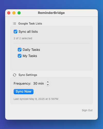 ReminderBridge sync settings window showing task list selection and manual sync button on macOS.